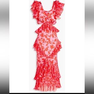 AMUR Gen Cut Out Pink Floral Silk Evening Gown Dress size 10 Large